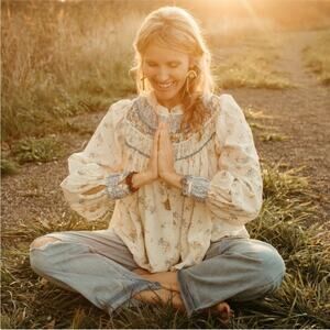 Free People Paloma Prairie Peasant Blue Floral Blouse in Tea Combo XS